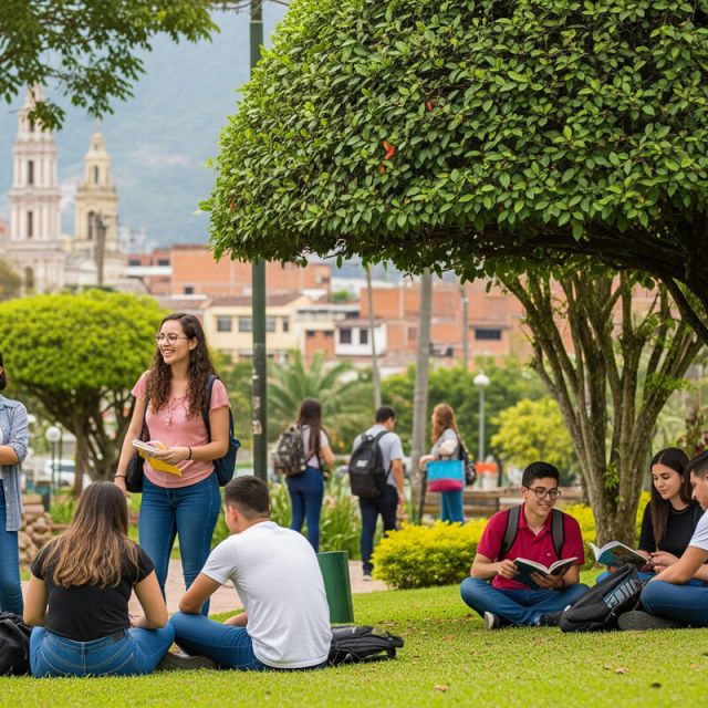 Estudiantes universitarios en campus al aire libre. Cajasan impulsa el futuro de Santander con su programa de becas en educación superior.