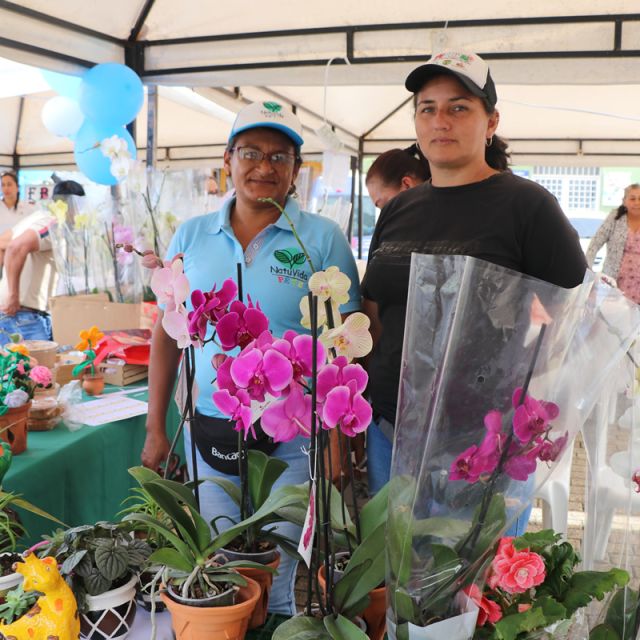 Una familia sonriente compuesta por un hombre, una mujer, una niña y un perro, mirando un dispositivo móvil juntos.