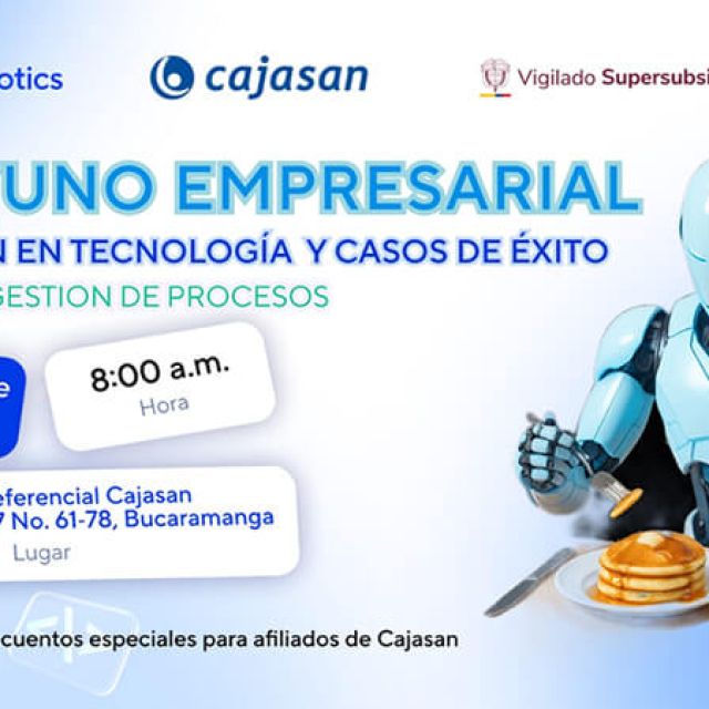 Invitación al Desayuno Empresarial de Cajasan y PIX Robotics el 18 de septiembre en Bucaramanga, sobre innovación en tecnología y gestión de procesos
