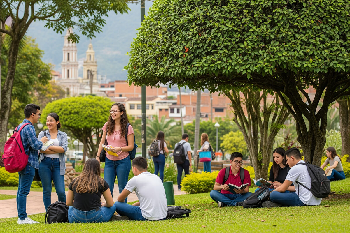Estudiantes universitarios en campus al aire libre. Cajasan impulsa el futuro de Santander con su programa de becas en educación superior.