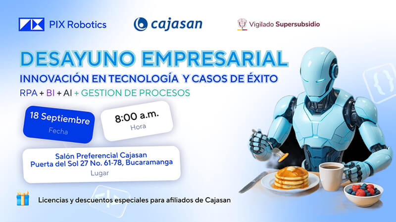 Invitación al Desayuno Empresarial de Cajasan y PIX Robotics el 18 de septiembre en Bucaramanga, sobre innovación en tecnología y gestión de procesos