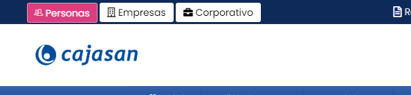 Navegación de Cajasan, destacando las opciones "Personas", "Empresas" y "Corporativo" en el menú superior.