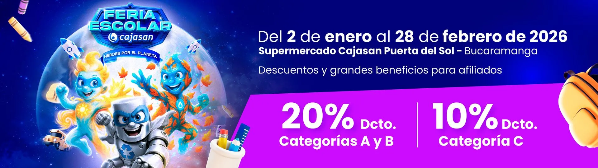 Banner promocional de la Feria Escolar Cajasan 2026 con descuentos para afiliados del 2 de enero al 28 de febrero en el Supermercado Cajasan Puerta del Sol en Bucaramanga
