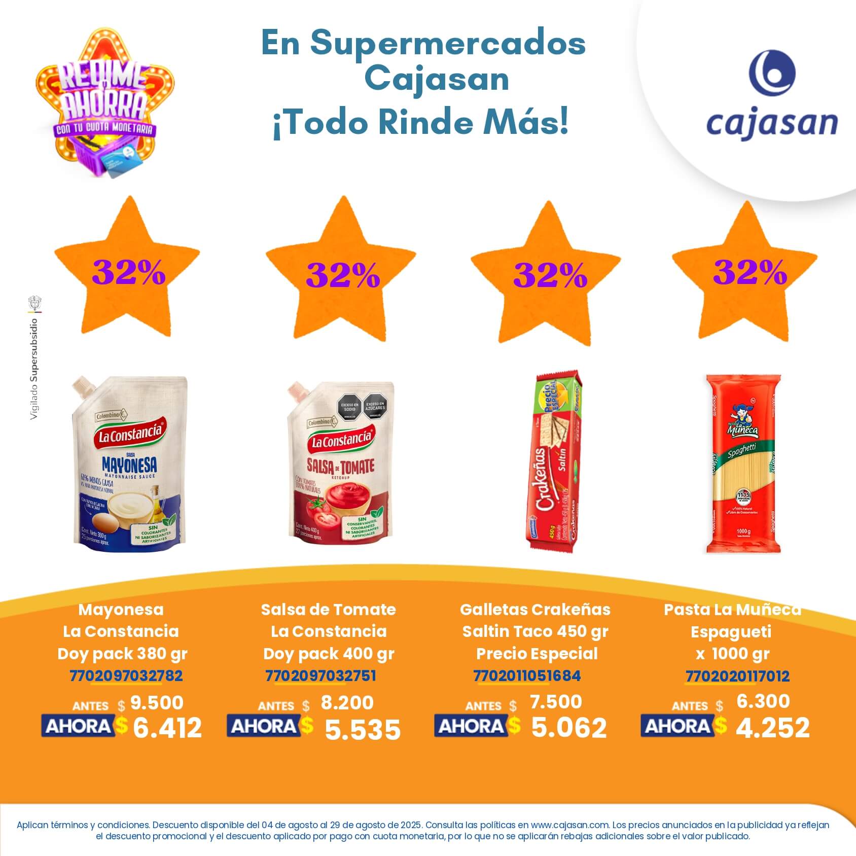 Promoción Redime y Ahorra en Supermercados Cajasan agosto 2025 con descuentos en productos