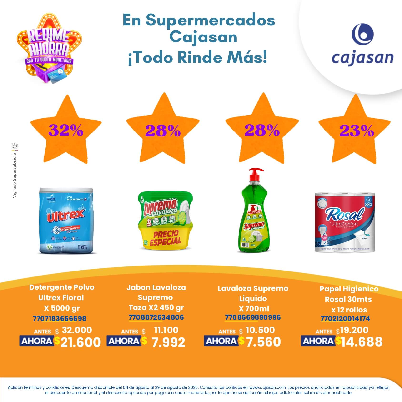 Promoción Redime y Ahorra en Supermercados Cajasan agosto 2025 con descuentos en productos