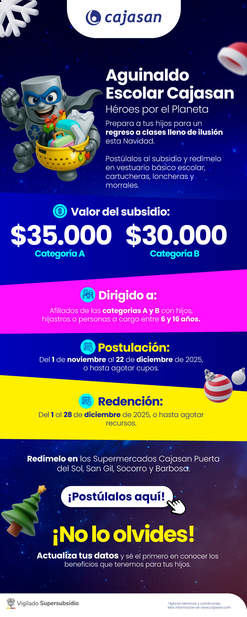 Aguinaldo Escolar Cajasan 2025: subsidio para hijos de afiliados en vestuario y útiles escolares