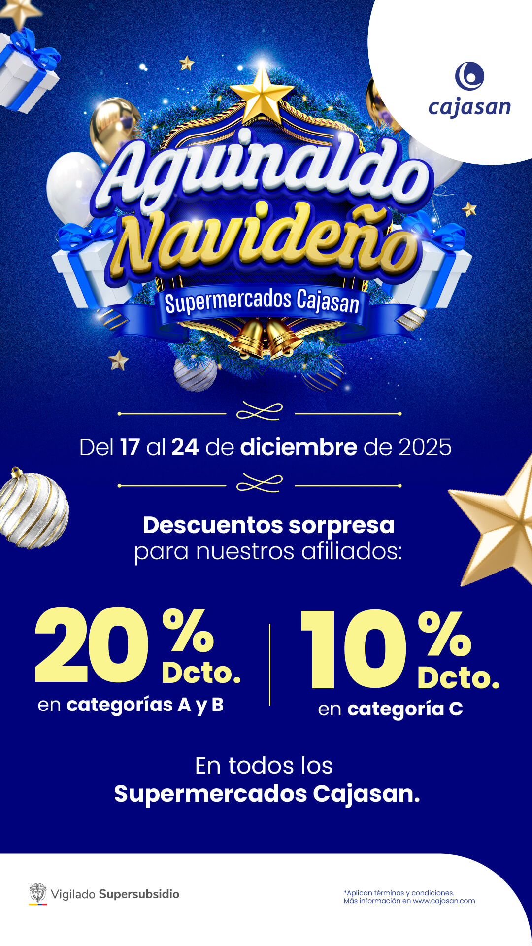 Imagen promocional del Aguinaldo Navideño de Supermercados Cajasan con descuentos del 20% y 10% para afiliados, vigente del 17 al 24 de diciembre de 2025