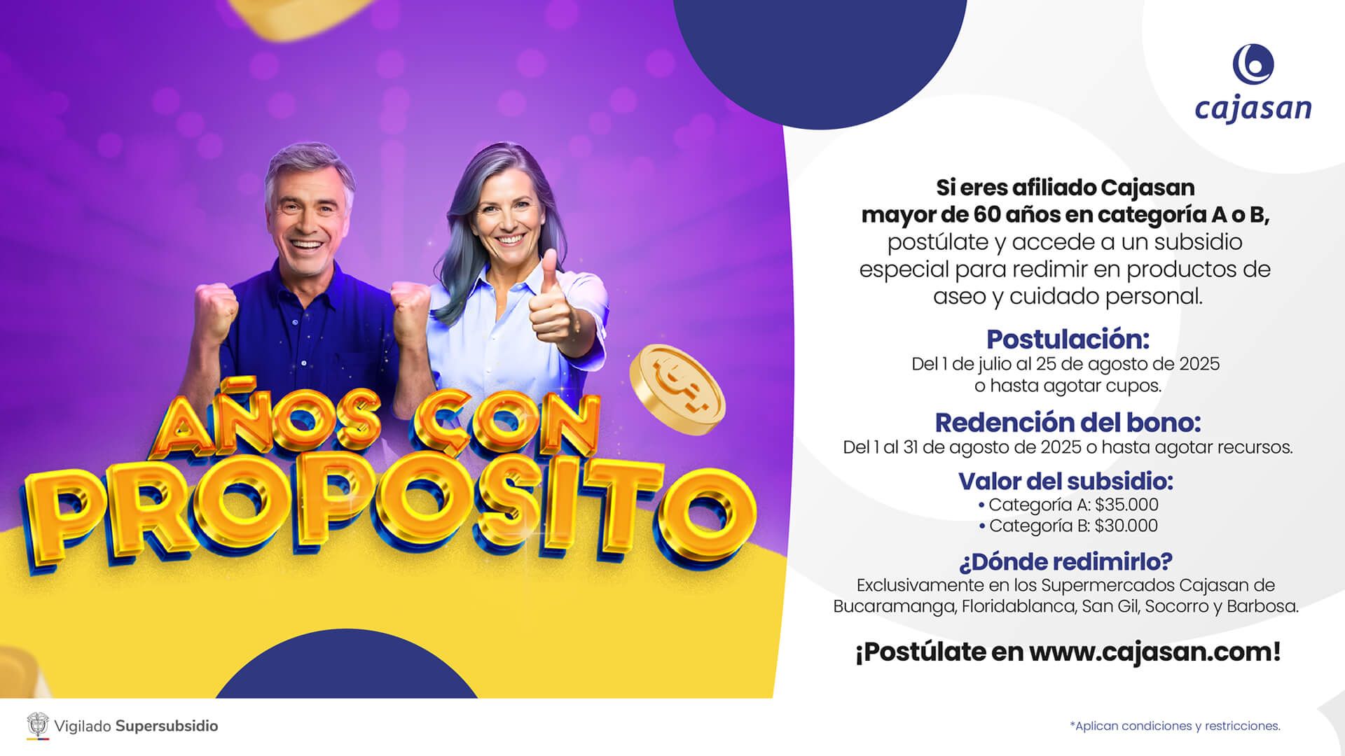 Años con Propósito Cajasan: subsidio para afiliados mayores de 60 años en categorías A y B, redímelo en productos de aseo y cuidado personal en supermercados Cajasan