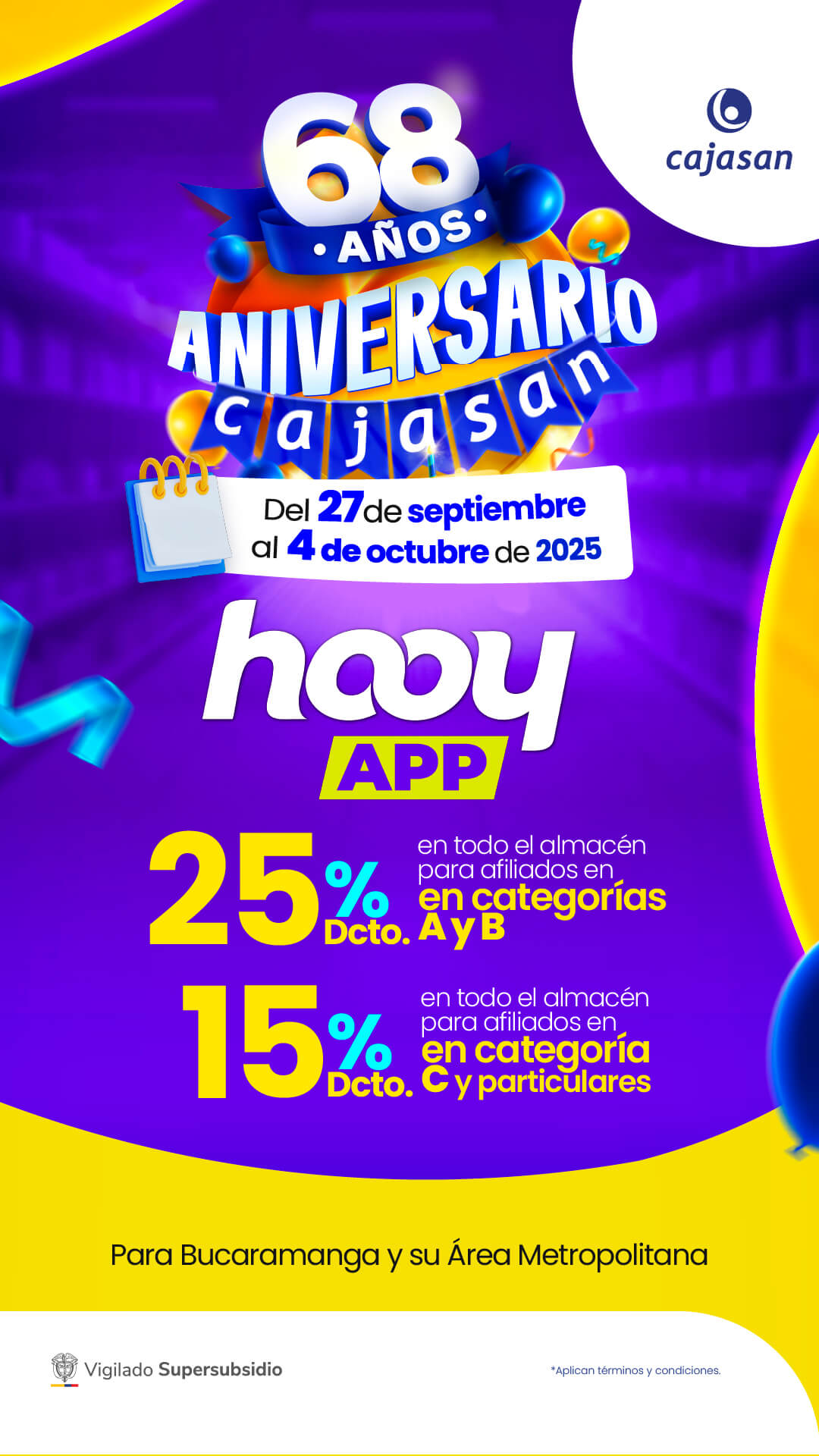 Aniversario Cajasan 68 años con descuentos especiales en supermercados a través de la app Hooy