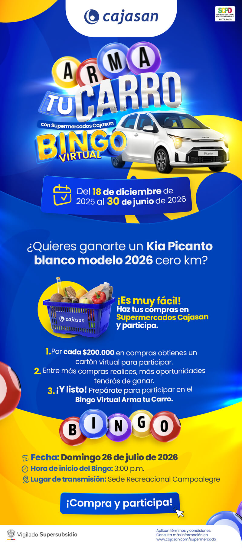 magen promocional del Bingo Virtual “Arma tu Carro” de Supermercados Cajasan, que sortea un Kia Picanto blanco modelo 2026, vigente del 18 de diciembre de 2025 al 30 de junio de 2026