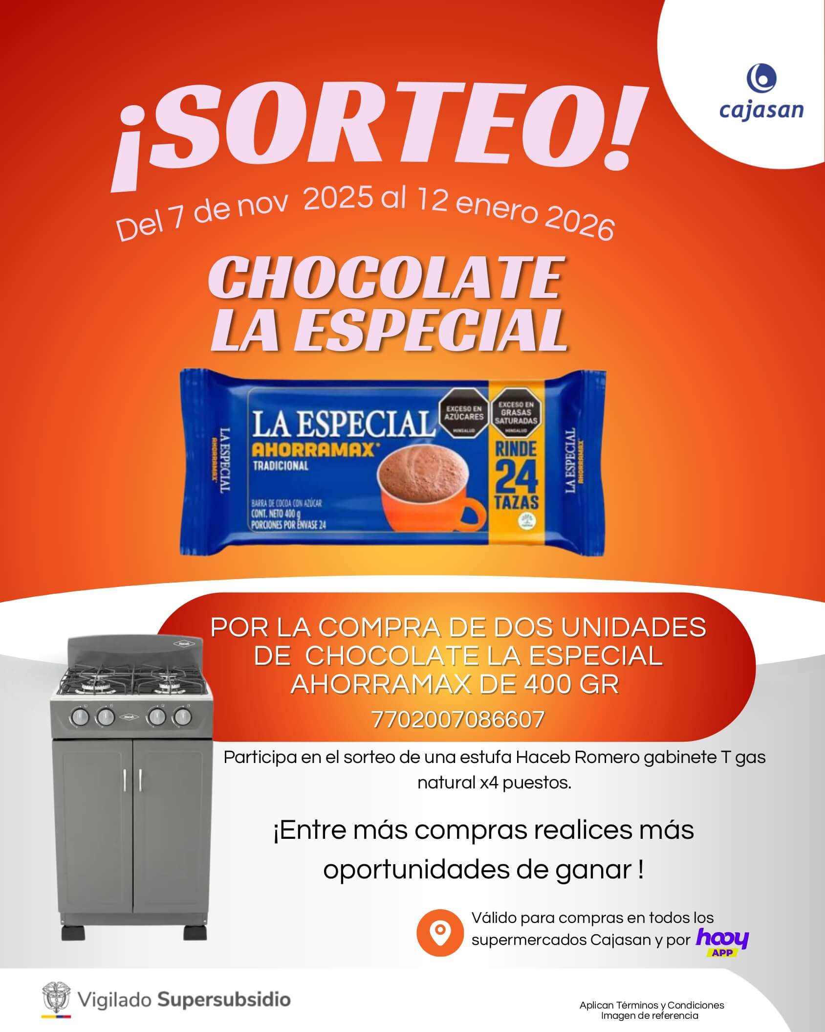 Sorteo Cajasan: participa comprando dos chocolates La Especial Ahorramax de 400 g y gana una estufa Haceb