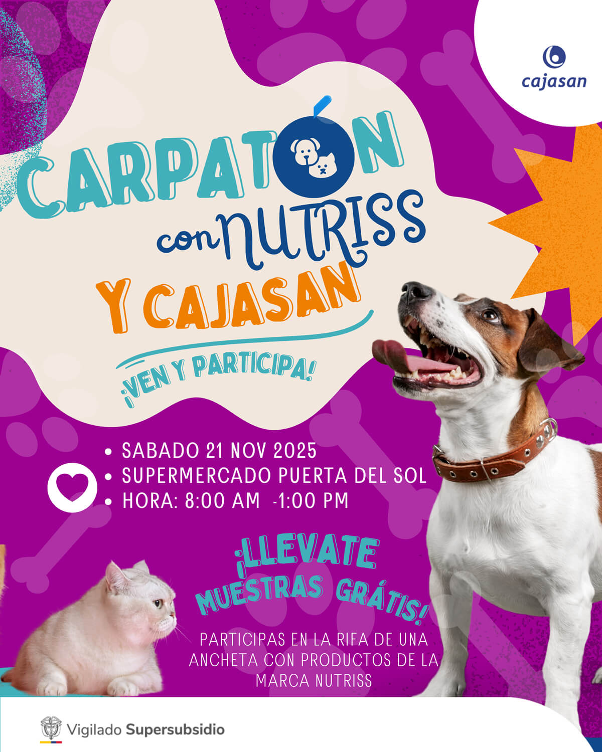 Carpaticón con Nutriss y Cajasan: evento para mascotas con muestras gratis y rifa de ancheta en el Supermercado Puerta del Sol, el 21 de noviembre de 2025