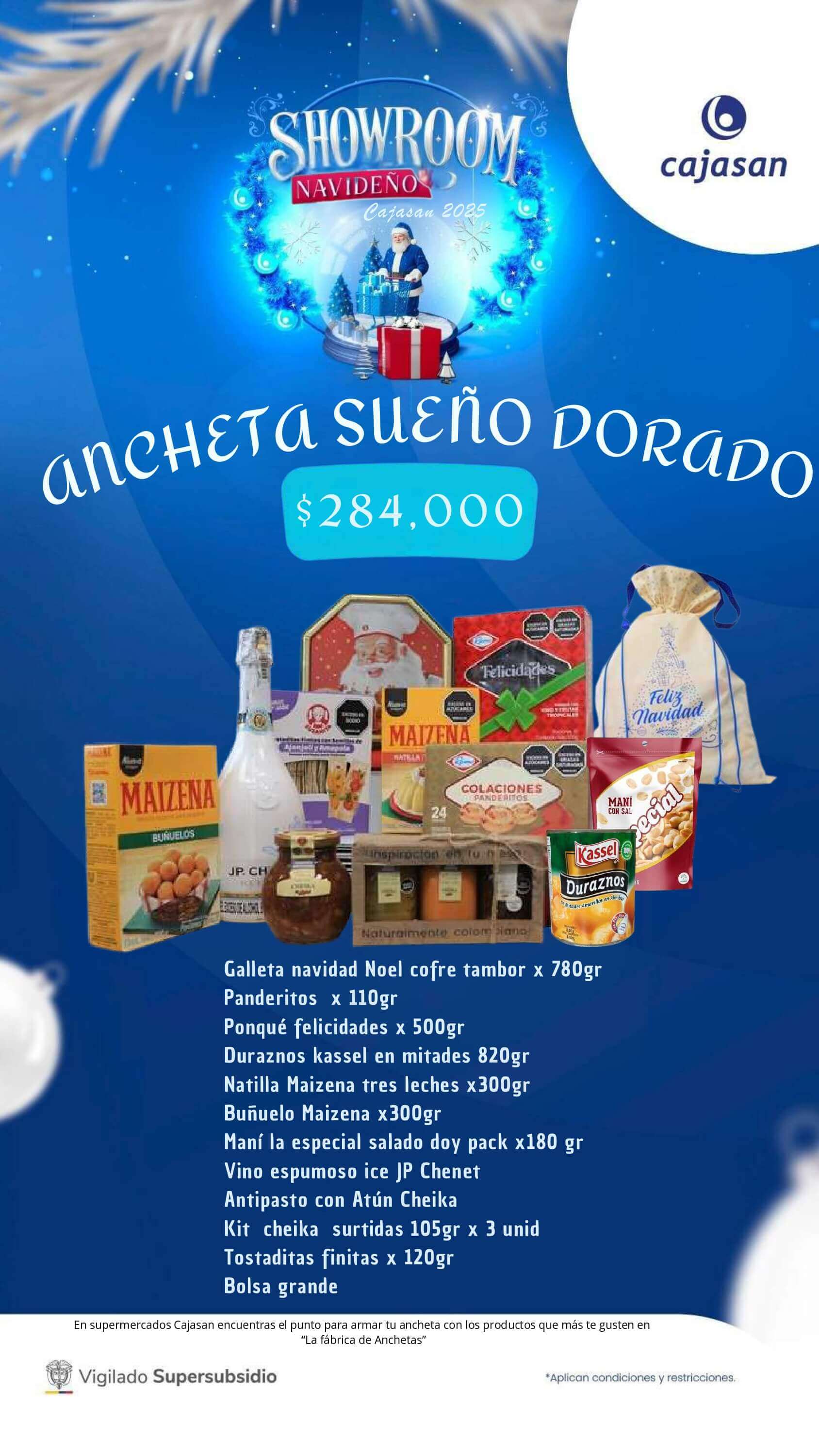 Catálogo de anchetas navideñas Cajasan 2025 con diferentes combinaciones de productos y precios para regalar y compartir en Navidad