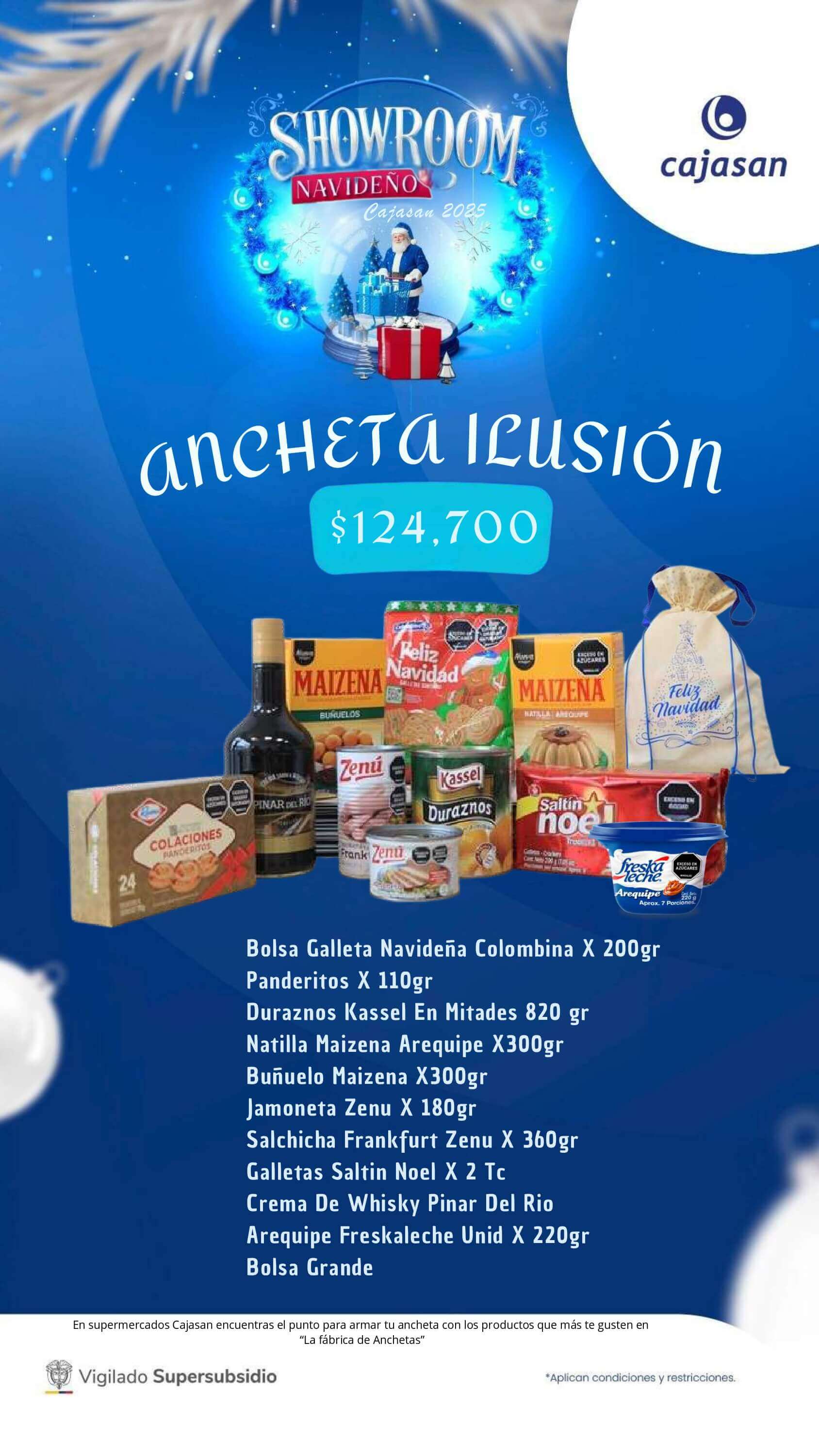 Catálogo de anchetas navideñas Cajasan 2025 con diferentes combinaciones de productos y precios para regalar y compartir en Navidad