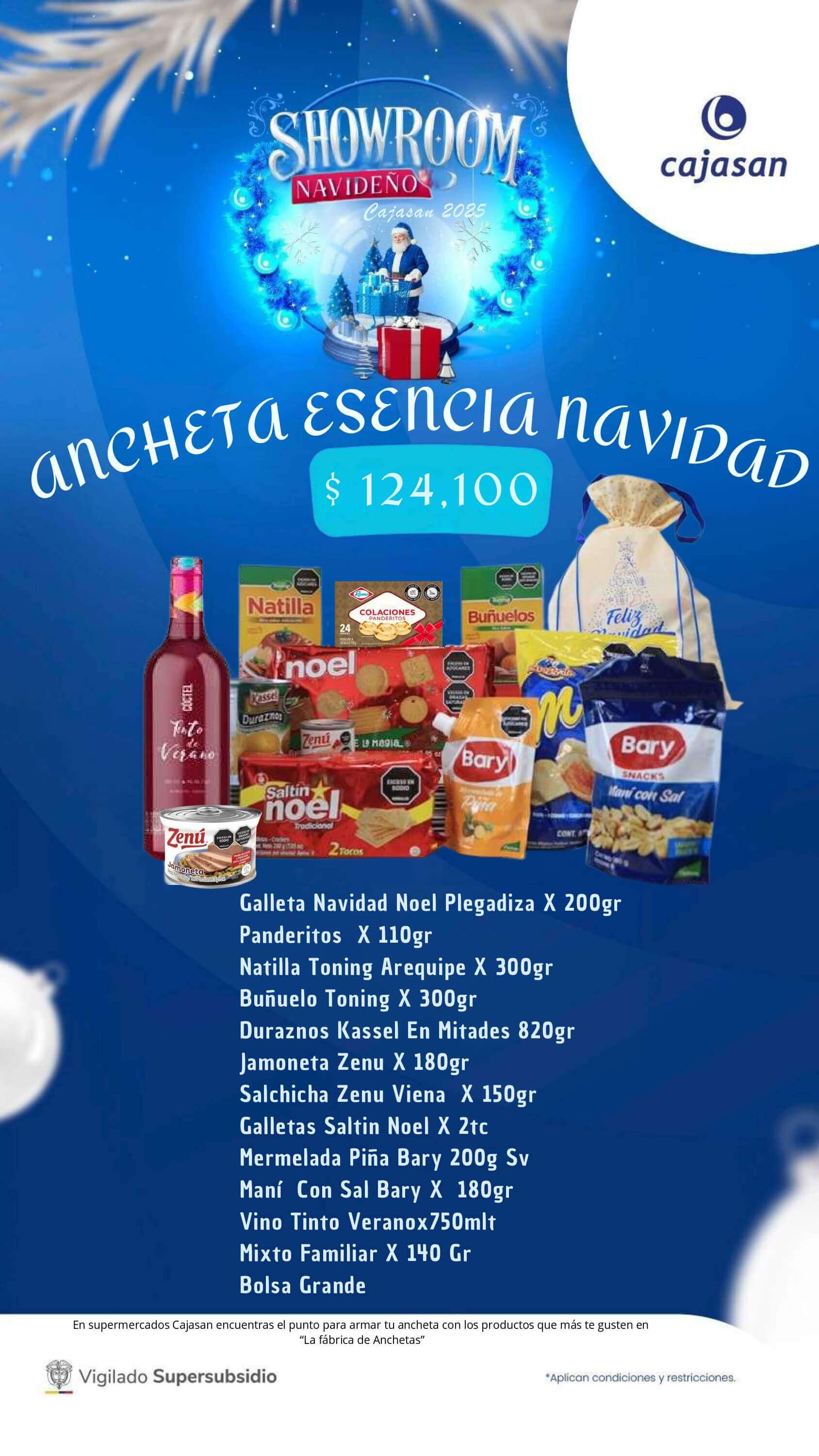 Catálogo de anchetas navideñas Cajasan 2025 con diferentes combinaciones de productos y precios para regalar y compartir en Navidad