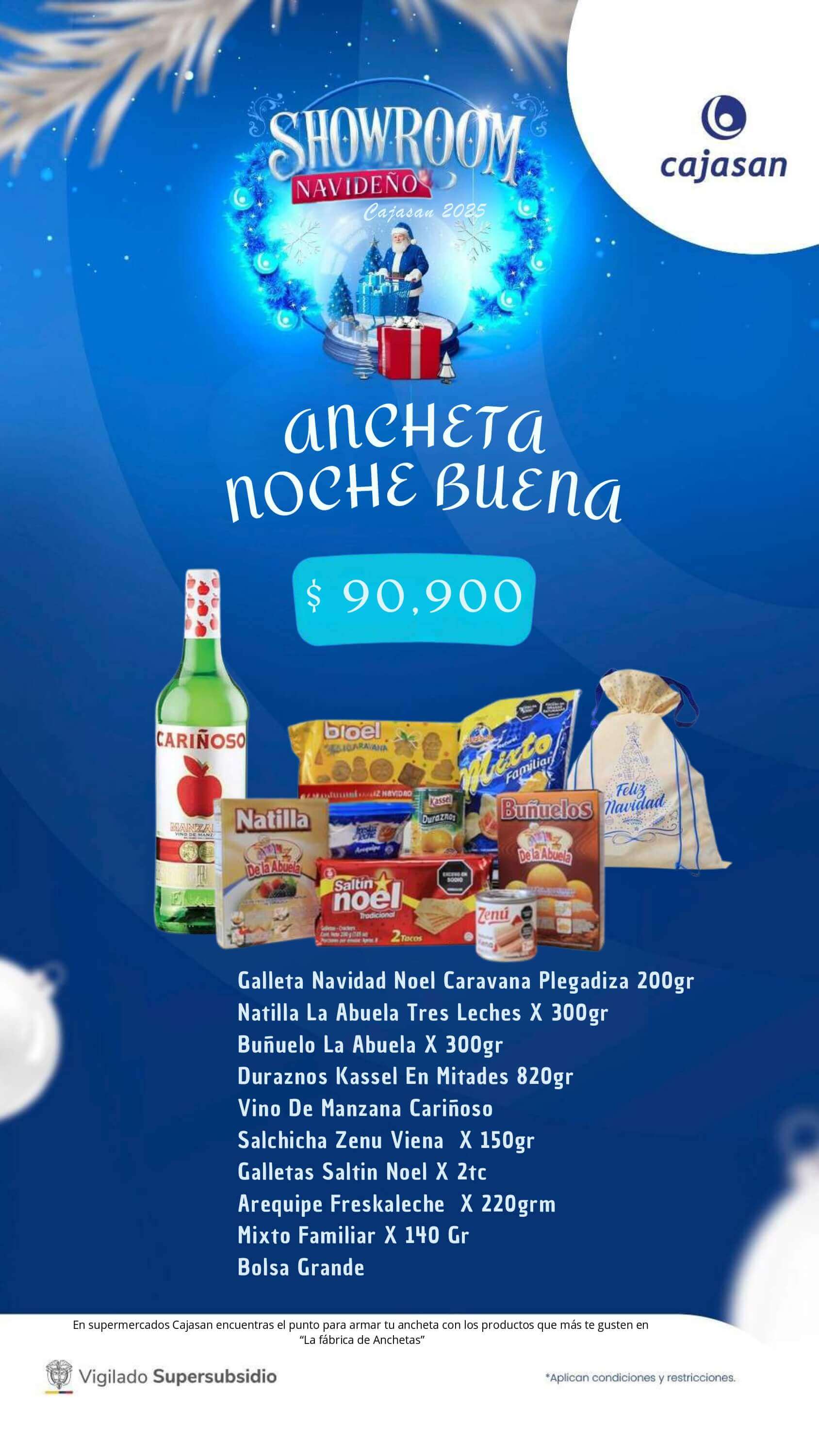 Catálogo de anchetas navideñas Cajasan 2025 con diferentes combinaciones de productos y precios para regalar y compartir en Navidad