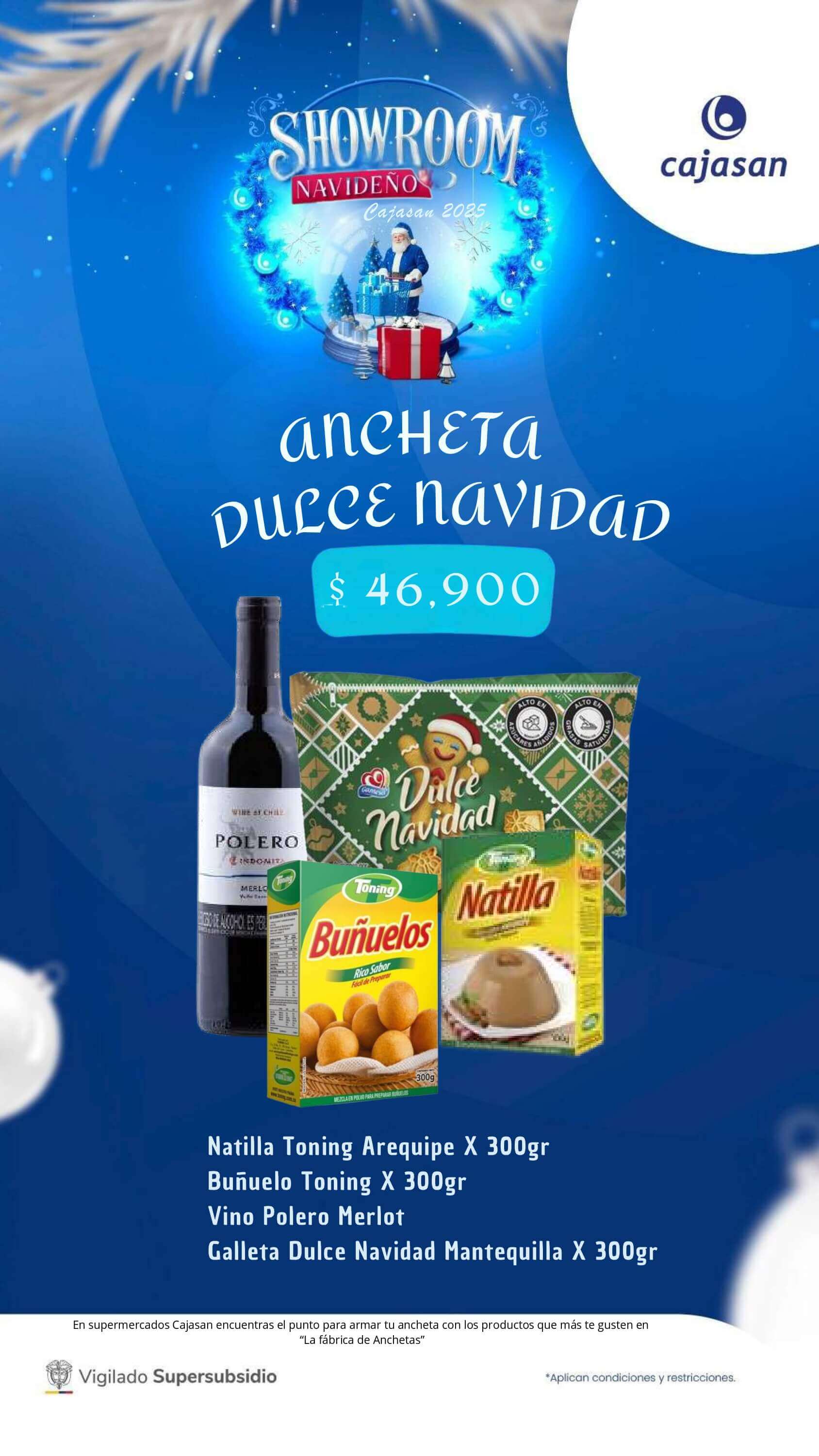 Catálogo de anchetas navideñas Cajasan 2025 con diferentes combinaciones de productos y precios para regalar y compartir en Navidad