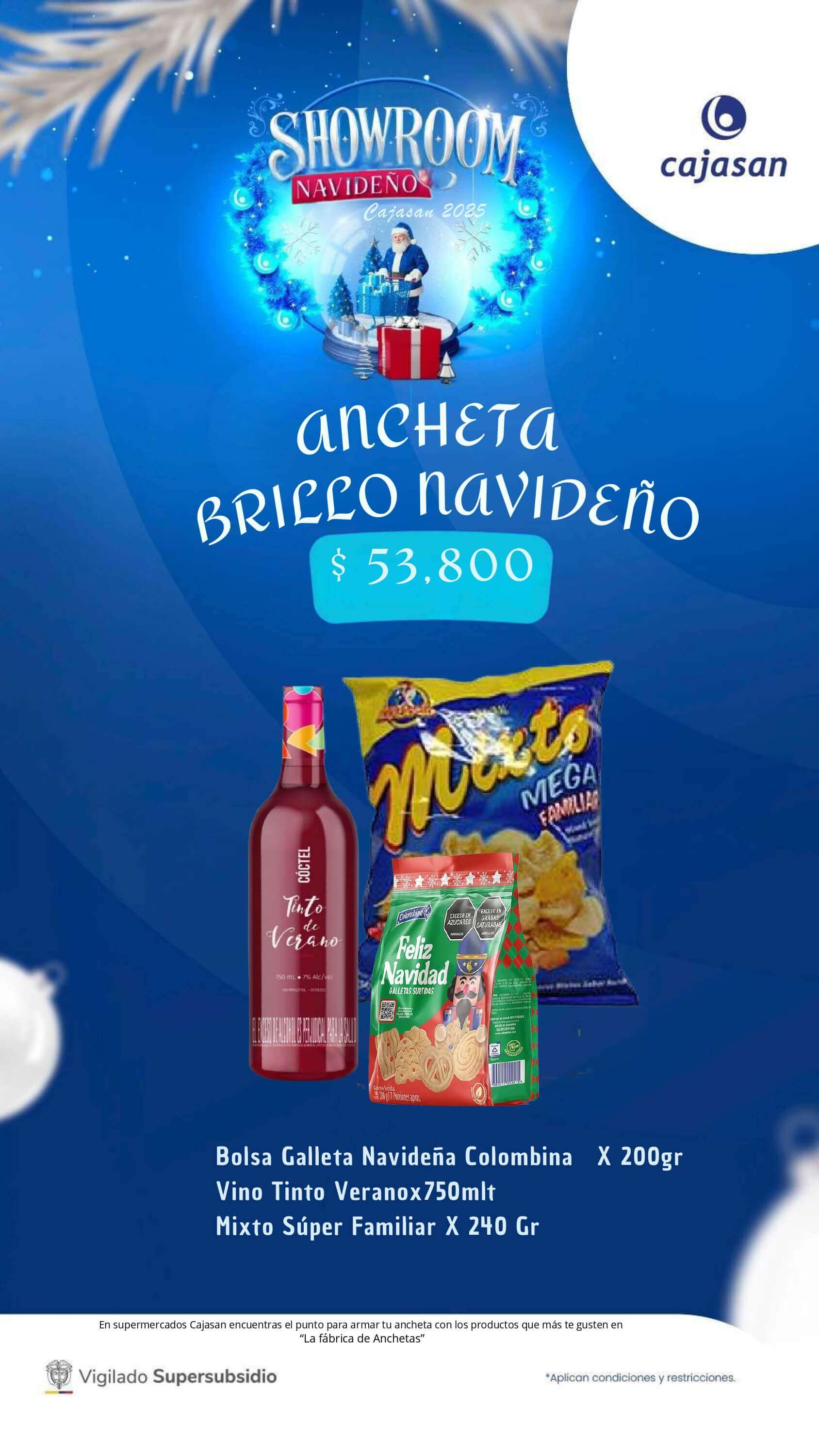 Catálogo de anchetas navideñas Cajasan 2025 con diferentes combinaciones de productos y precios para regalar y compartir en Navidad