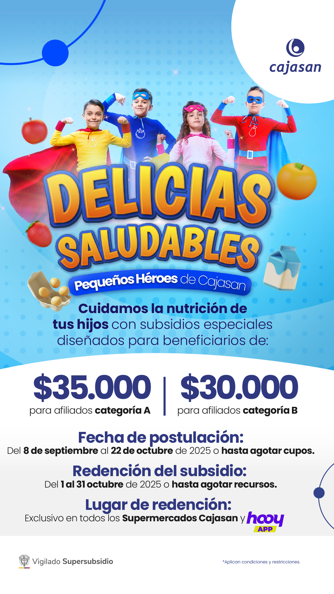 Niños disfrazados de superhéroes en la campaña Delicias Saludables de Cajasan