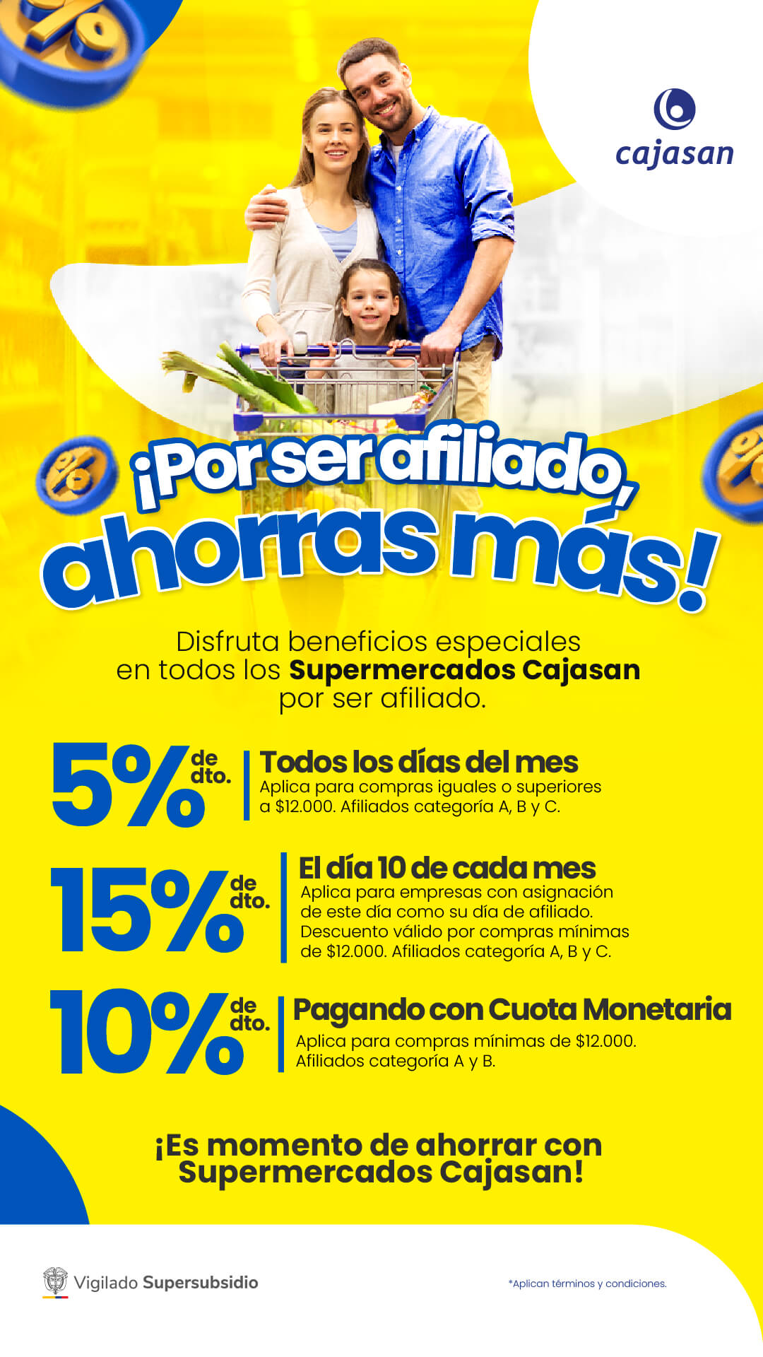 Familia sonriente con carrito de compras disfrutando de descuentos exclusivos para afiliados en Supermercados Cajasan