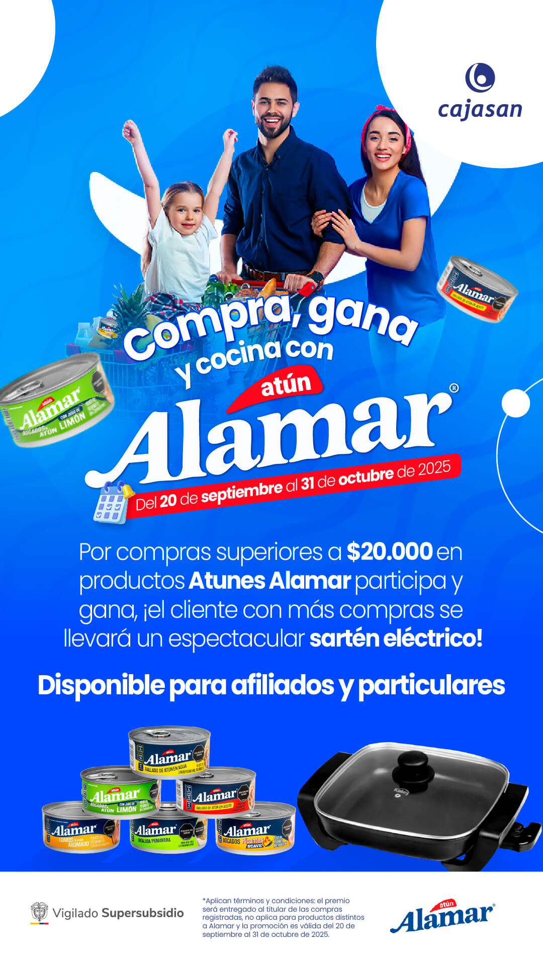 Promoción Cajasan con Atún Alamar: por compras superiores a $20.000 participa para ganar un sartén eléctrico. Vigente del 20 de septiembre al 31 de octubre de 2025