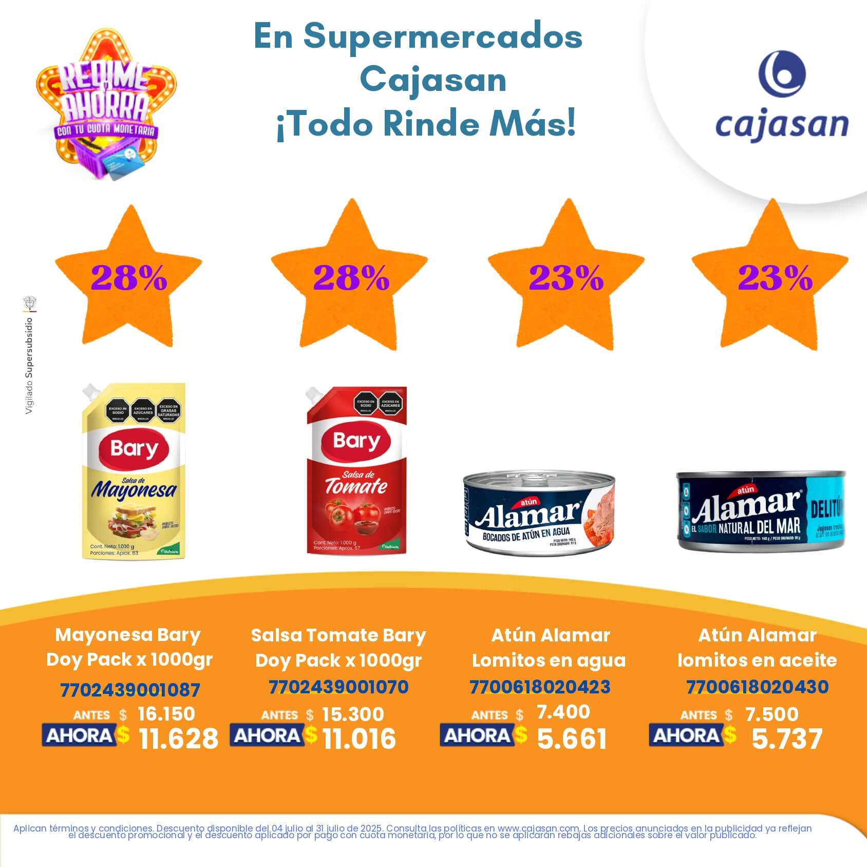 Promoción Redime y Ahorra en Supermercados Cajasan julio 2025 con descuentos en productos