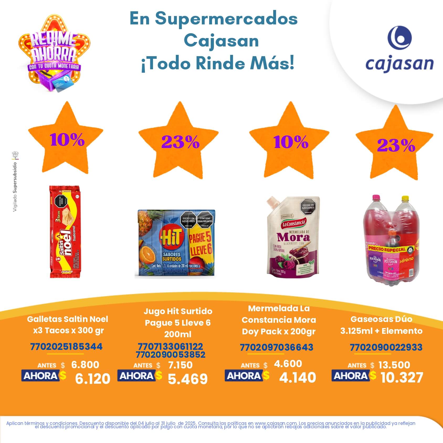Promoción Redime y Ahorra en Supermercados Cajasan julio 2025 con descuentos en productos