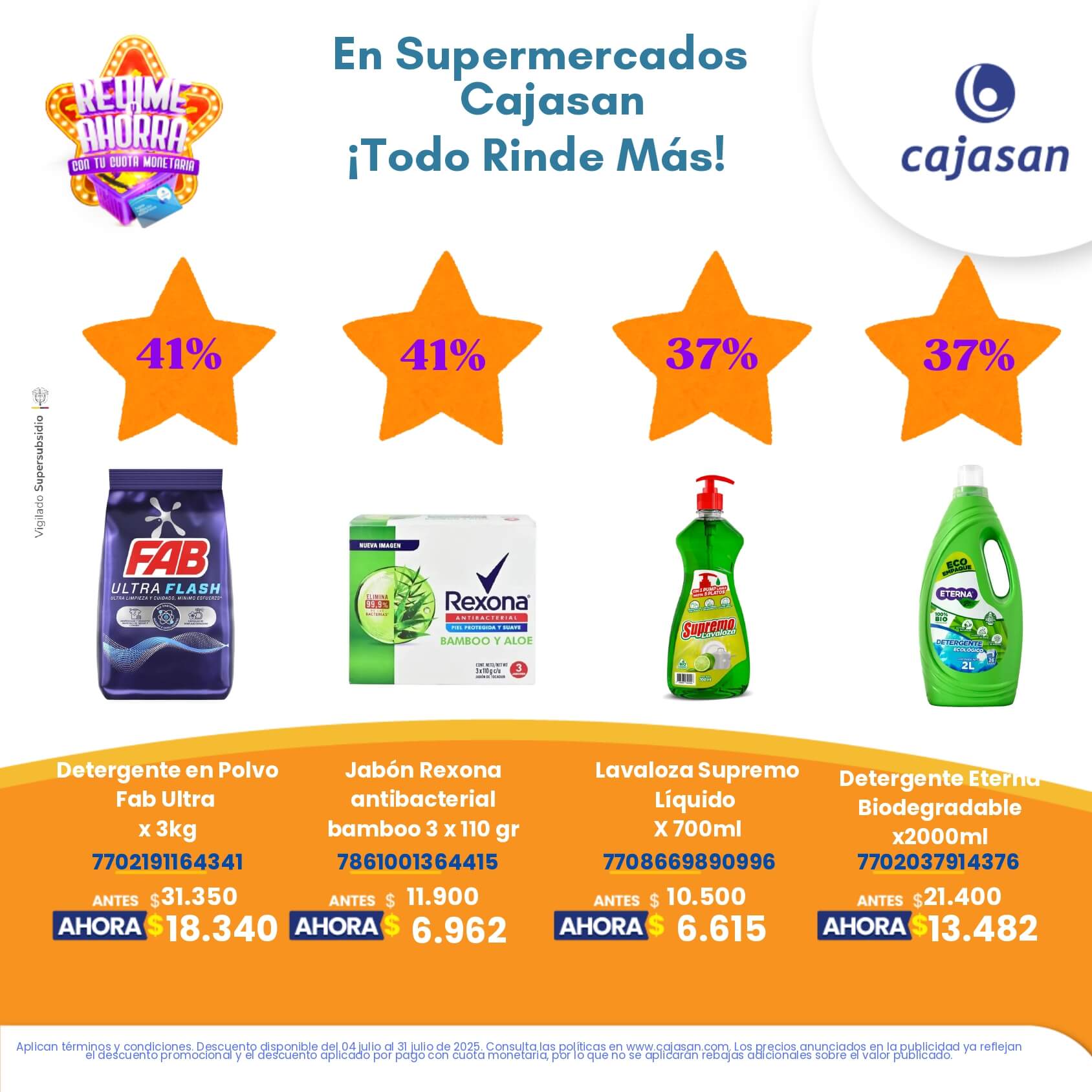Promoción Redime y Ahorra en Supermercados Cajasan julio 2025 con descuentos en productos