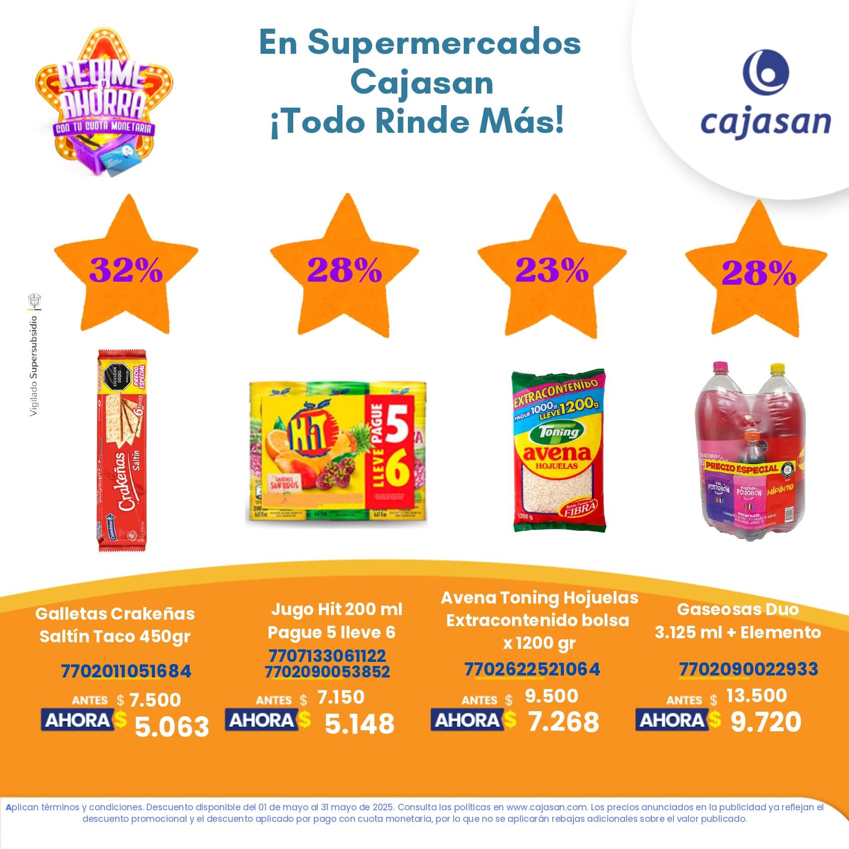Promoción Redime y Ahorra en Supermercados Cajasan mayo 2025 con descuentos de hasta el 32% en productos