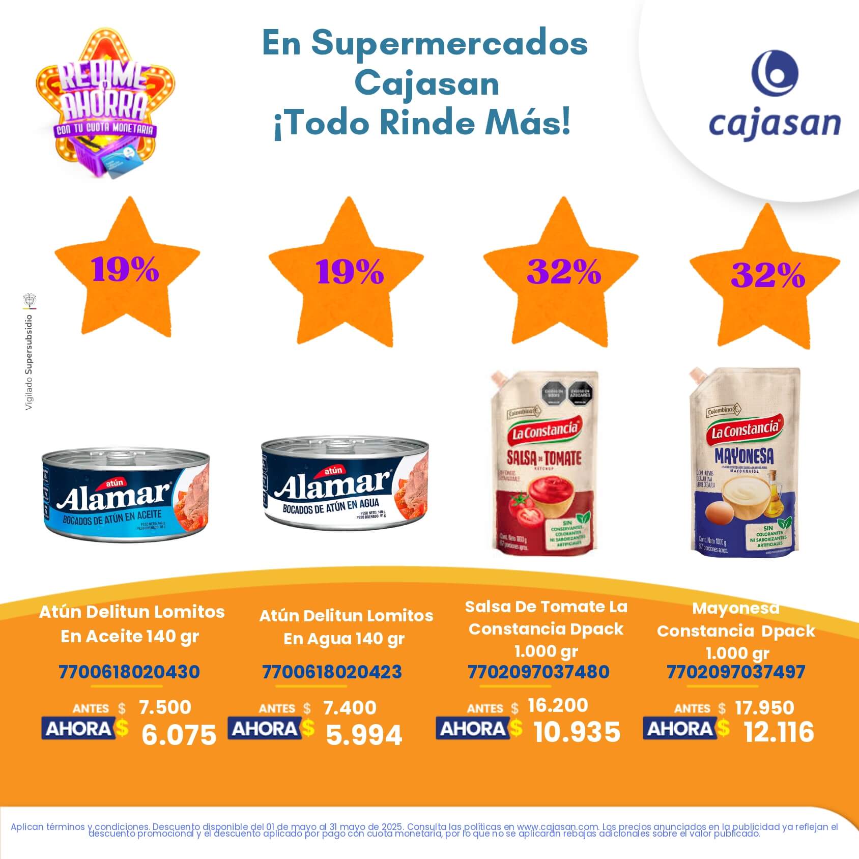 Promoción Redime y Ahorra en Supermercados Cajasan mayo 2025 con descuentos de hasta el 32% en productos