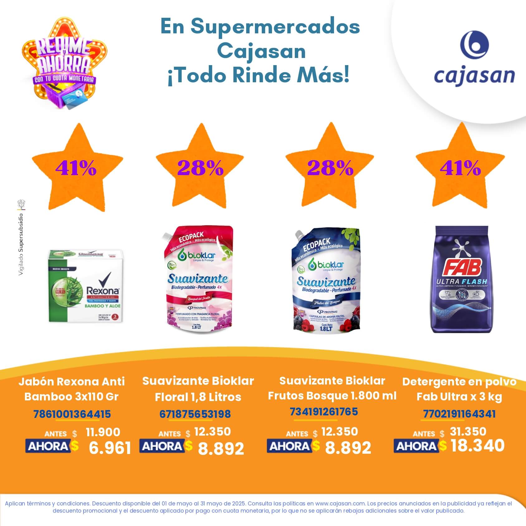 Promoción Redime y Ahorra en Supermercados Cajasan mayo 2025 con descuentos de hasta el 32% en productos