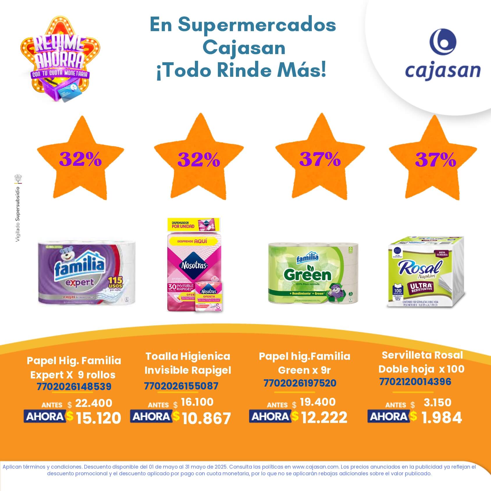 Promoción Redime y Ahorra en Supermercados Cajasan mayo 2025 con descuentos de hasta el 32% en productos