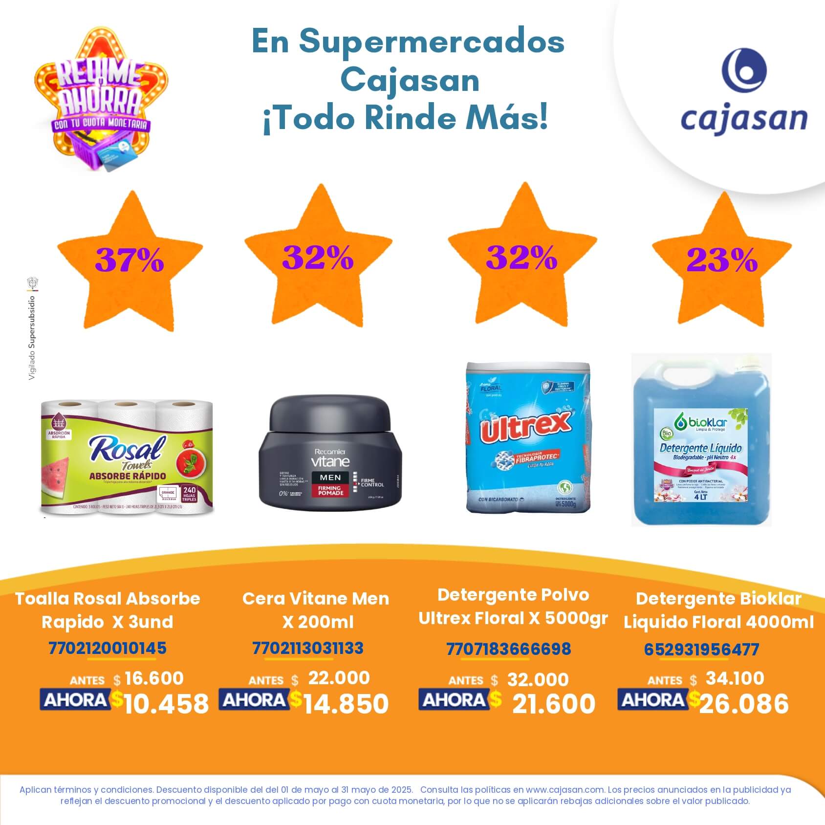 Promoción Redime y Ahorra en Supermercados Cajasan mayo 2025 con descuentos de hasta el 32% en productos