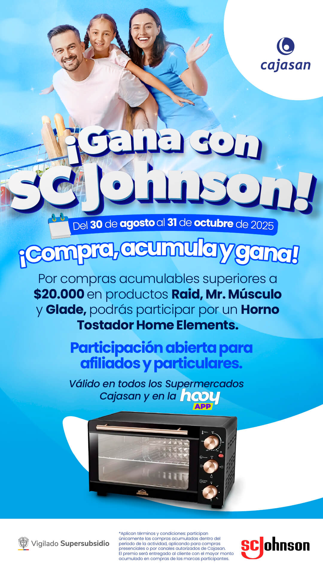 Familia feliz en promoción SC Johnson de Supermercados Cajasan. Compra productos Raid, Mr. Músculo y Glade, acumula $20.000 y participa por un horno tostador. Vigencia del 30 de agosto al 31 de octubre de 2025