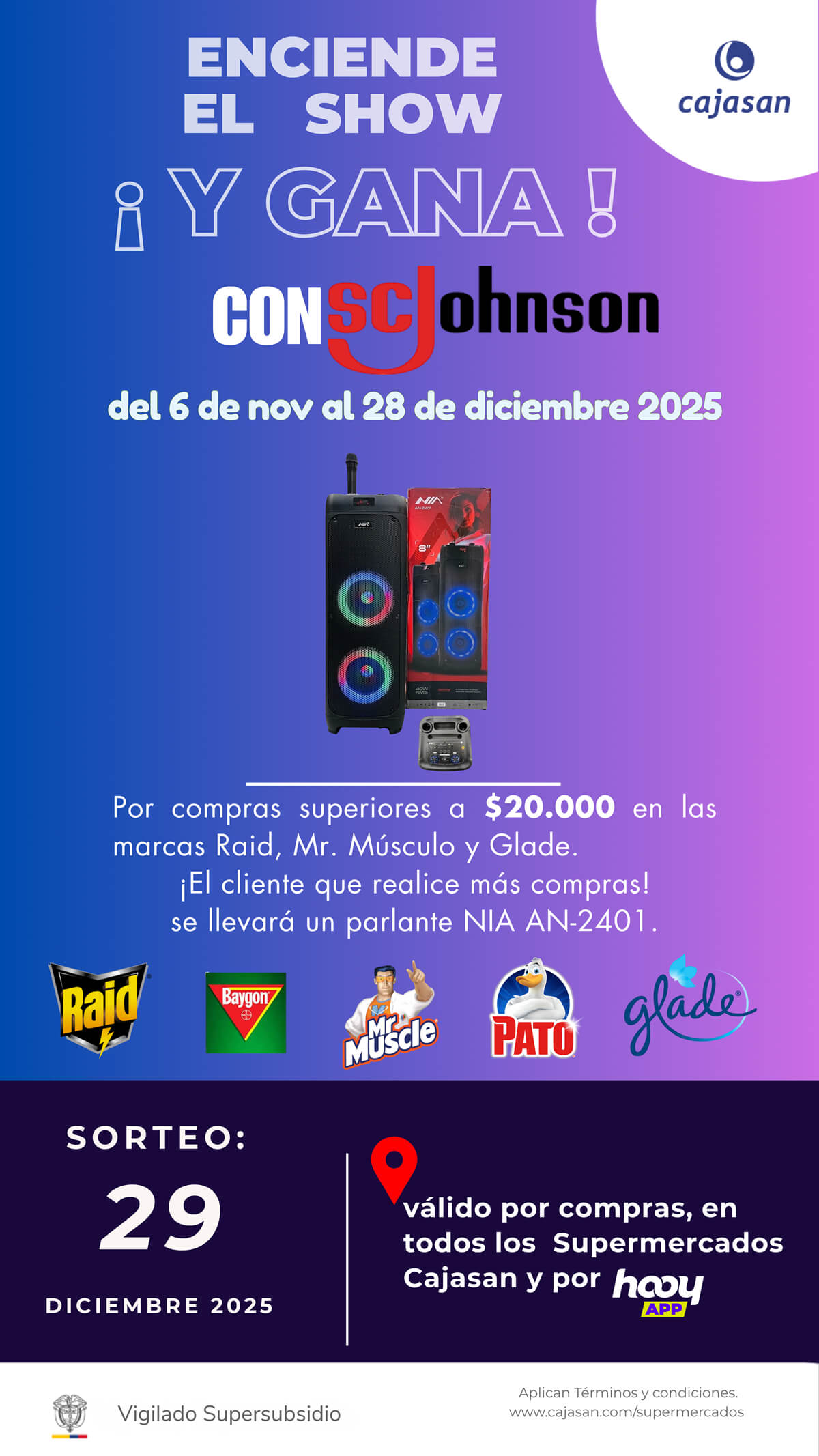 Sorteo Cajasan con SC Johnson: compra productos Raid, Mr. Músculo o Glade y gana un parlante NIA AN-2401