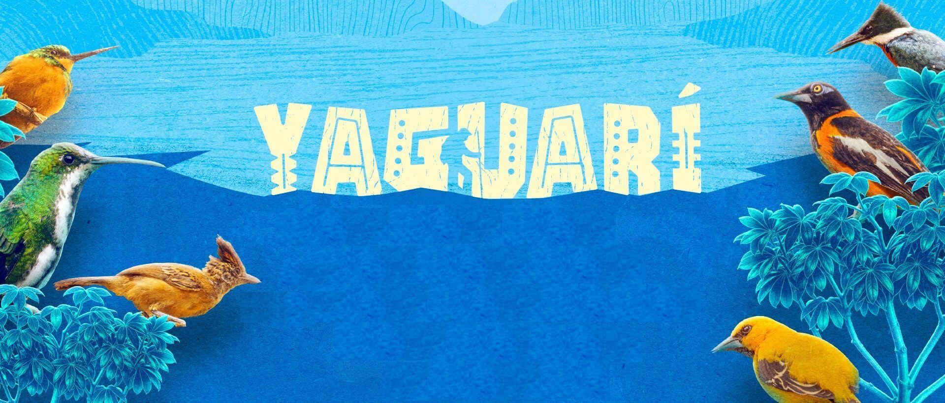 Ecoparque Yaguarí Cajasan con ilustración de aves coloridas y paisaje natural, promoviendo turismo sostenible y biodiversidad en Santander